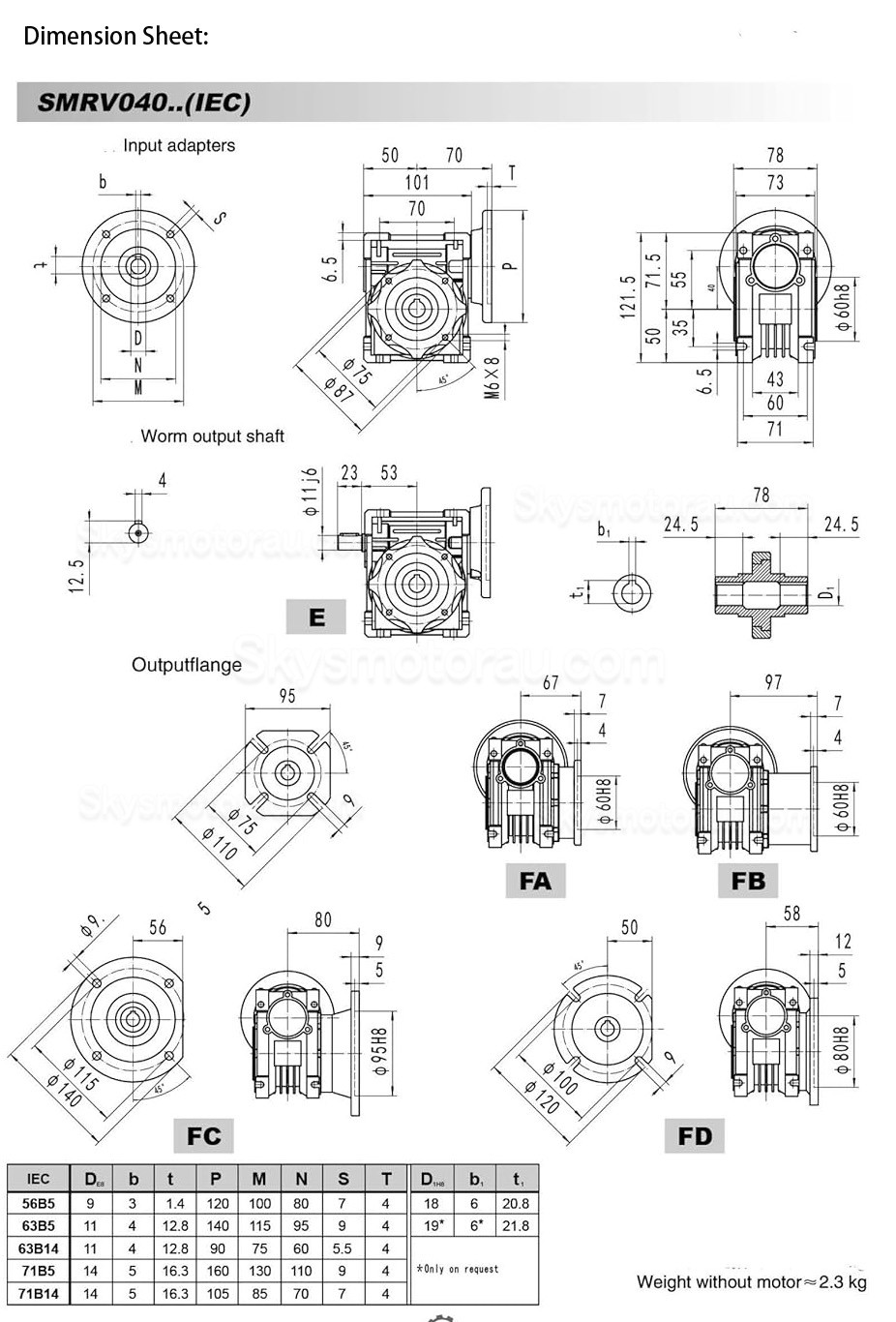 RV040 71B14/71B5 Round Worm Gearbox Ratio 5:1 10:1 20:1 30:1 40:1 Input 14mm